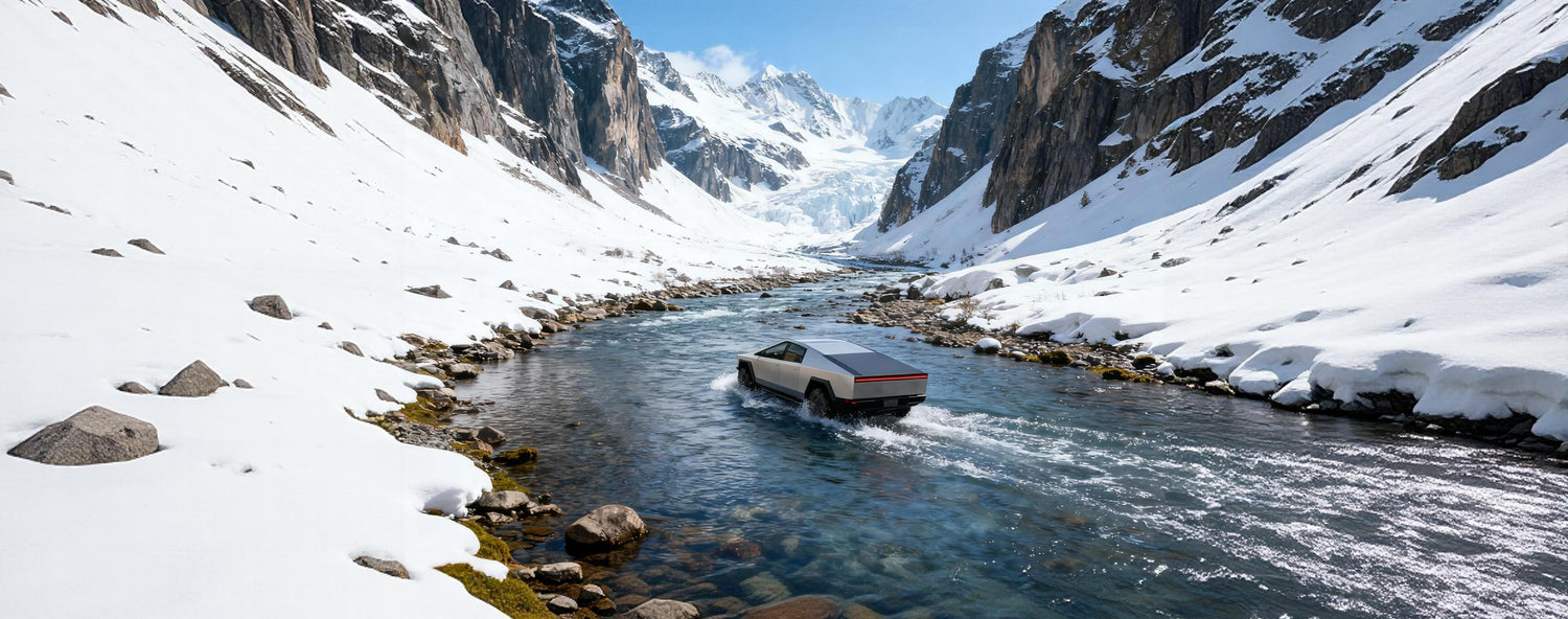 Tesla Cybertruck driving through a snow-covered mountain stream
